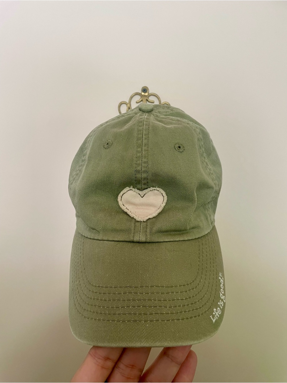 Life Is Good Olive Green Cotton Baseball Cap with Heart Patch